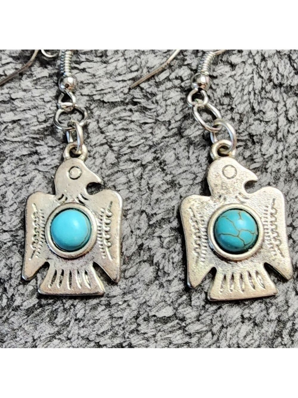 Silver and Blue Thunderbird Earrings with Turquoise Stone - Picture 2 of 2